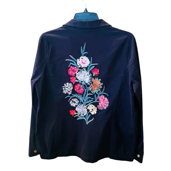 JustFab embroidered floral button jacket long sleeve pockets SZ M black pink - Picture 1 of 12